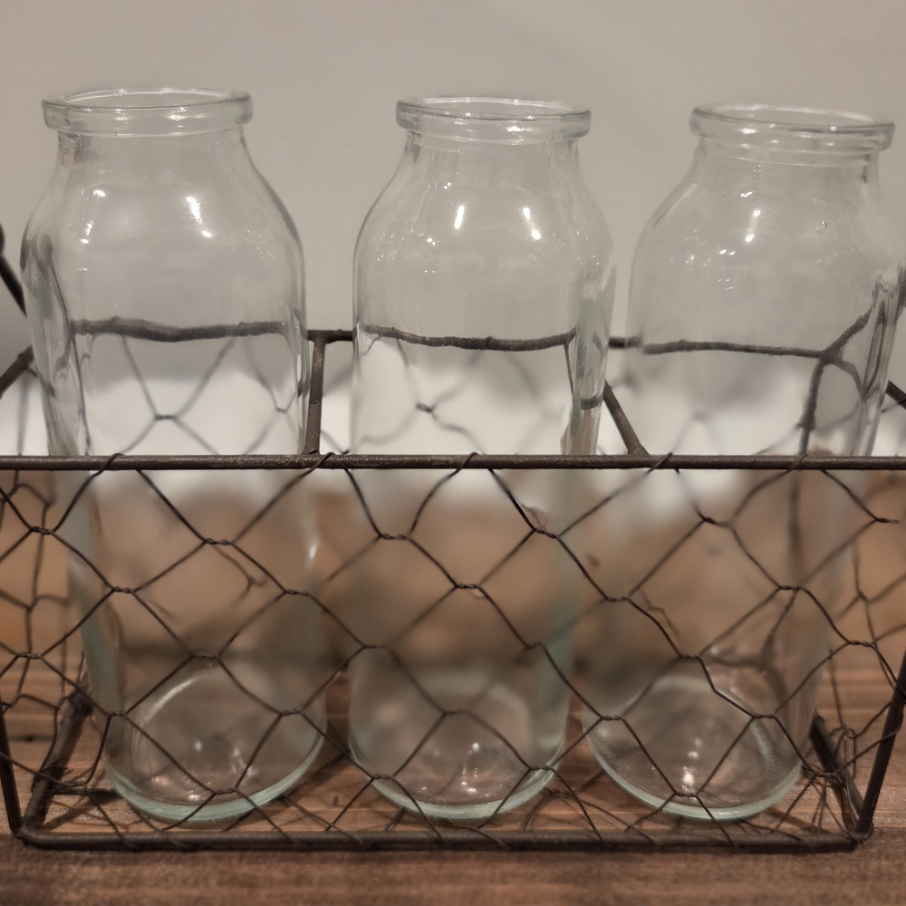 Clear Glass Bottle Trio with Rustic Wire Carrier - Home Accents